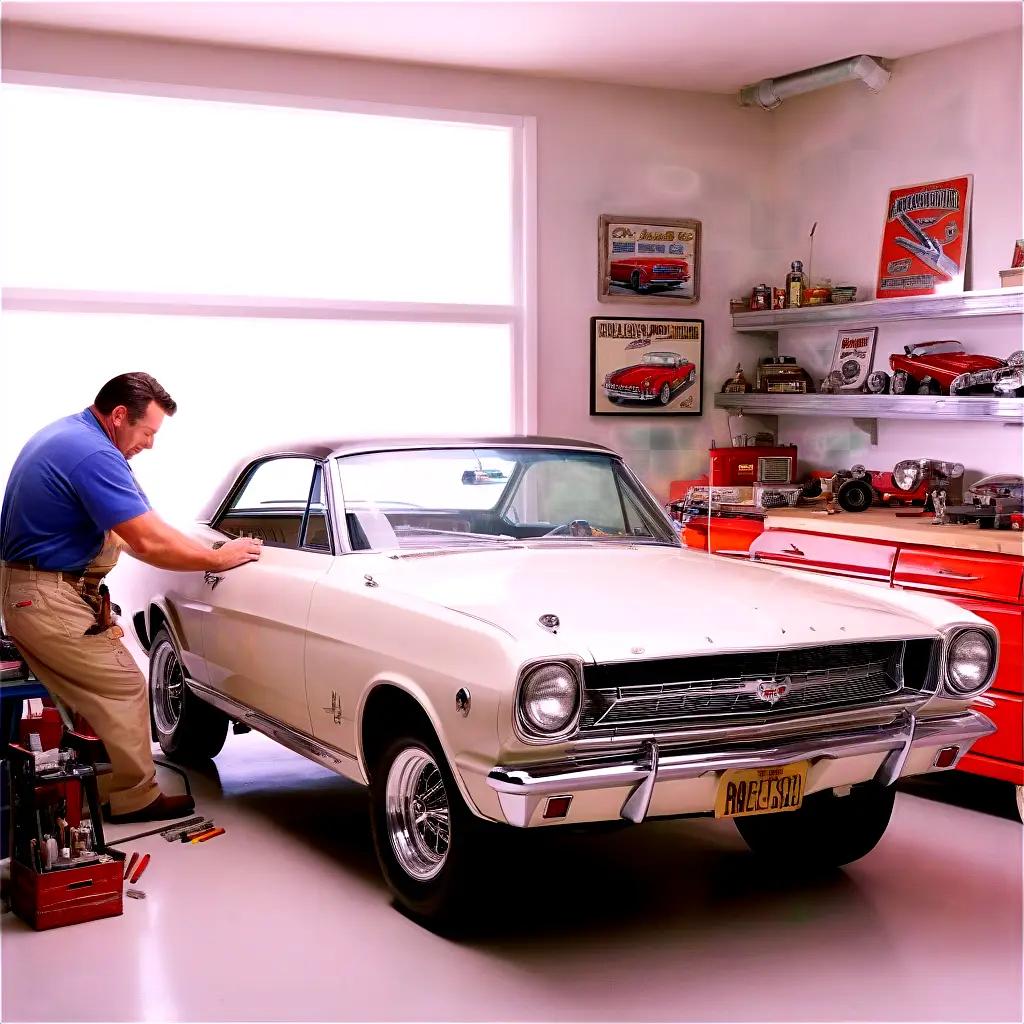 man in a blue shirt repairing a white car