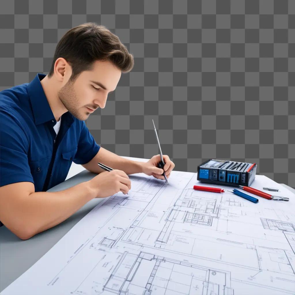 man in a blue shirt works on blueprints