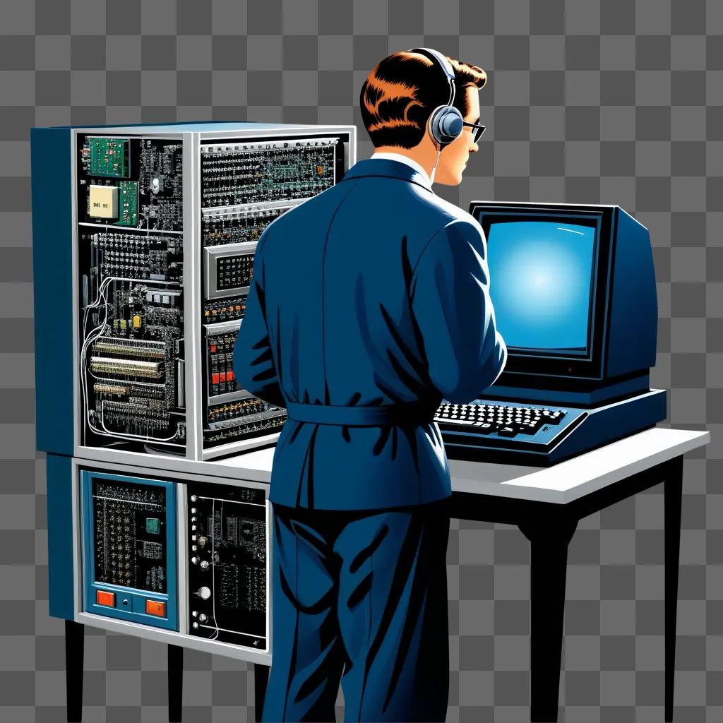 man in a blue suit works on a computer