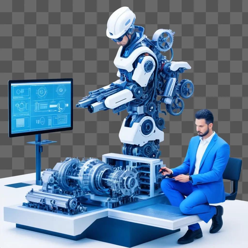 man in a blue suit works with a robot