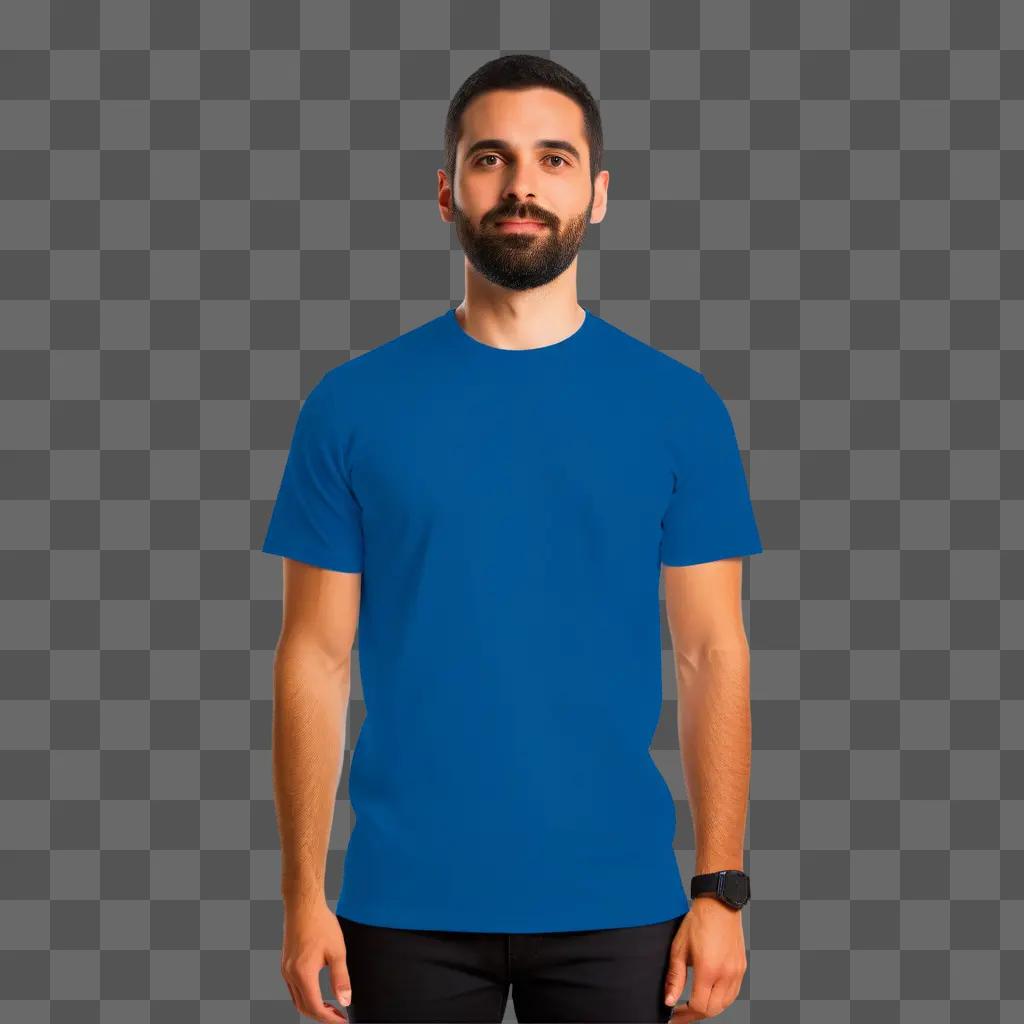 man in a blue t-shirt stands in front of a blue background