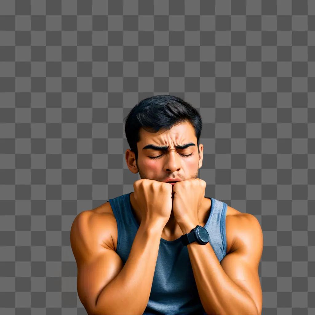 man in a blue tank top with a watch is feeling stressed