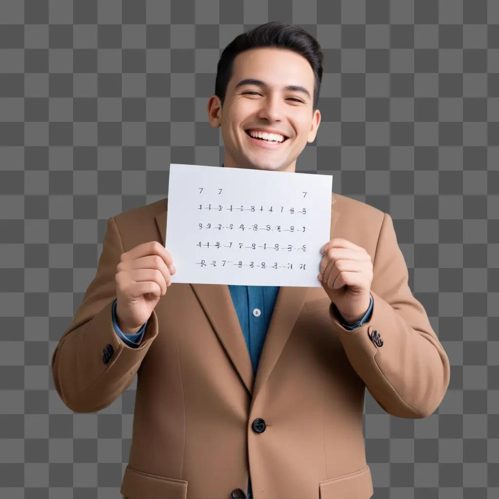 man in a brown suit holds a calendar with solved numbers