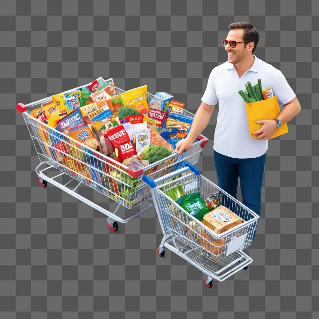 man in a cartoon is carrying a shopping cart filled with groceries