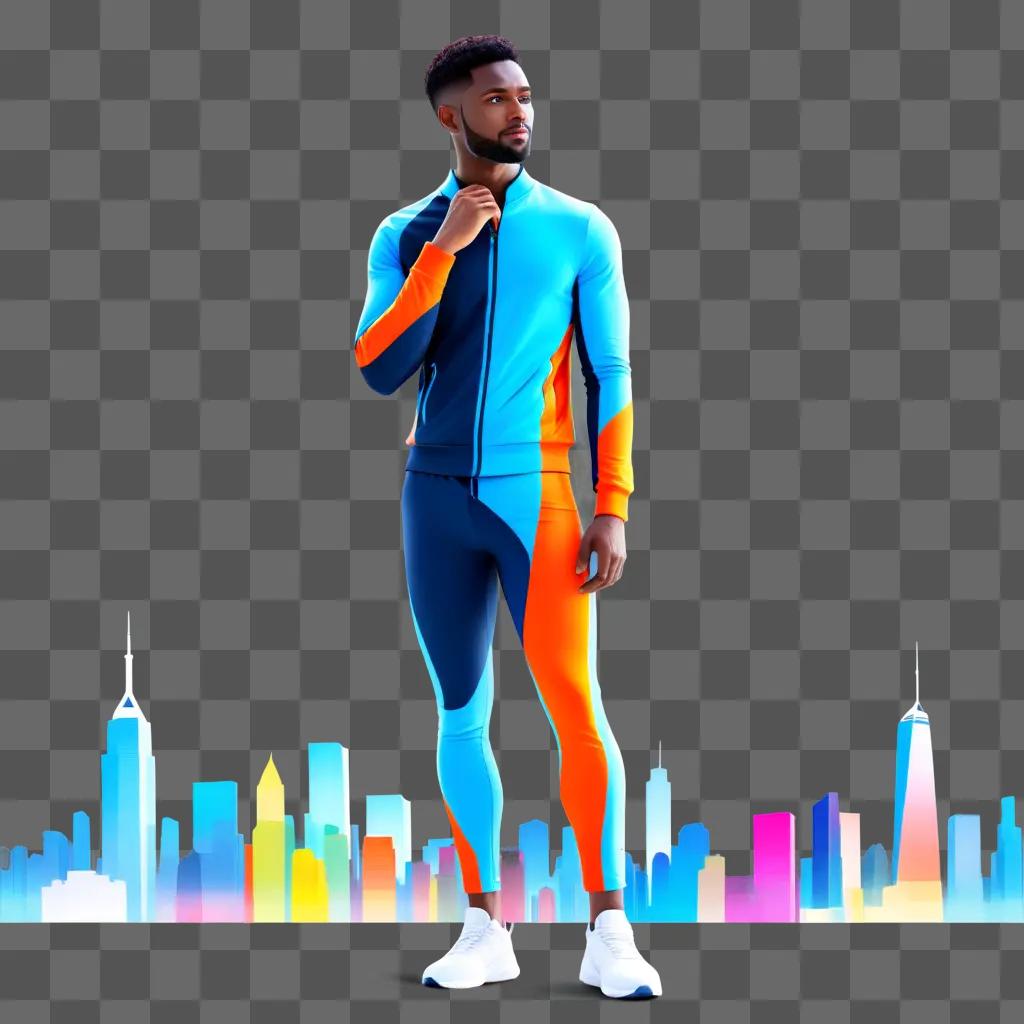 man in a colorful outfit stands in a cityscape