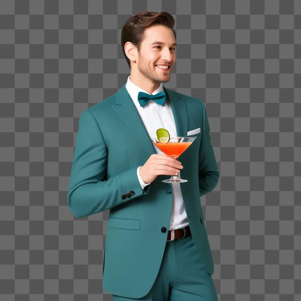 man in a green suit holds a cocktail in his hand