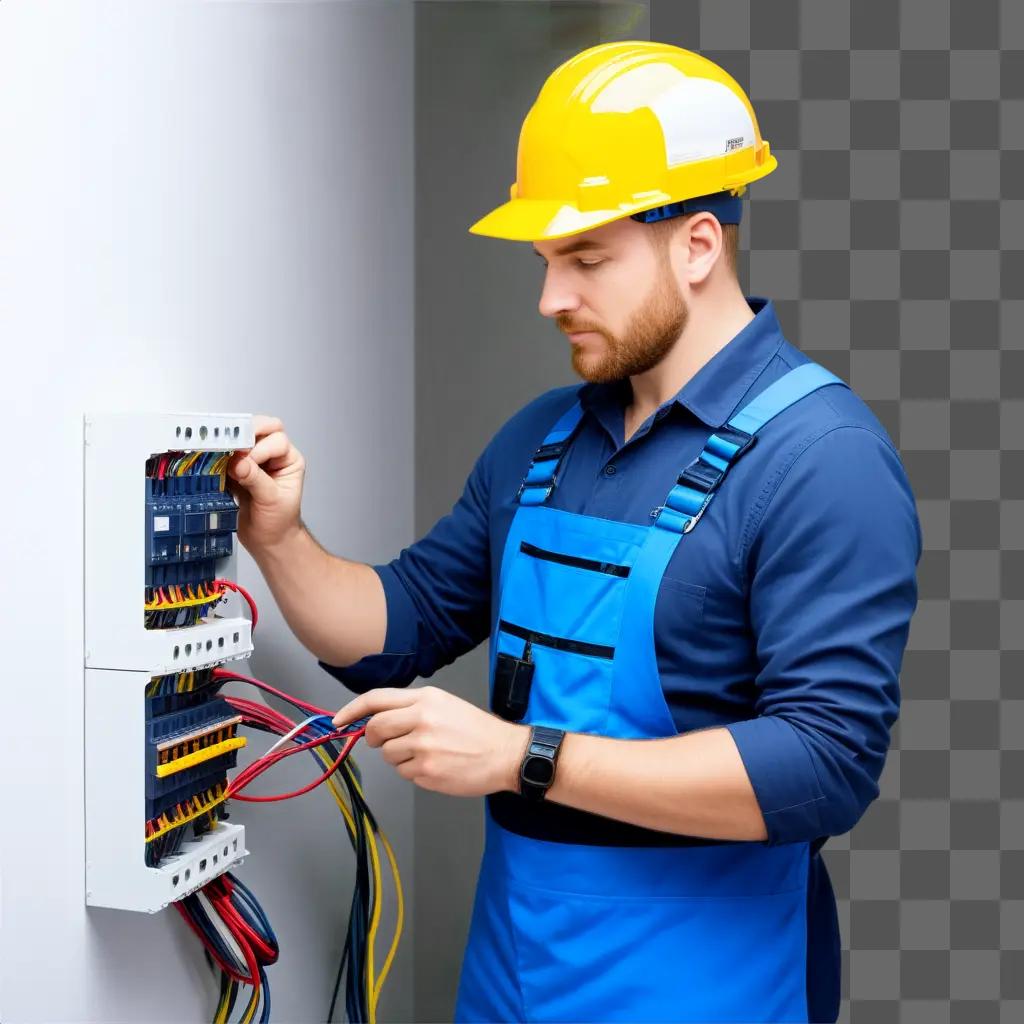 man in a hard hat and apron works with wires