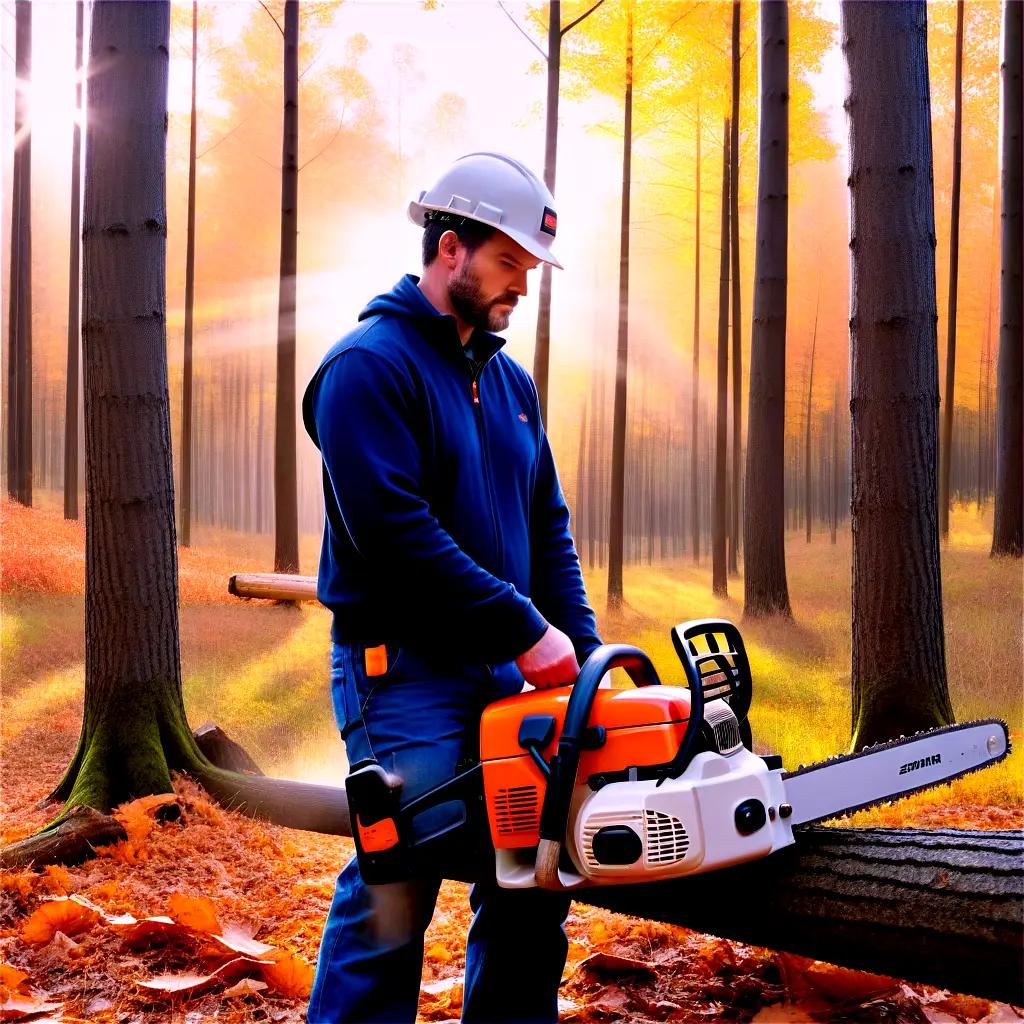 man in a hard hat using a chainsaw in a forest