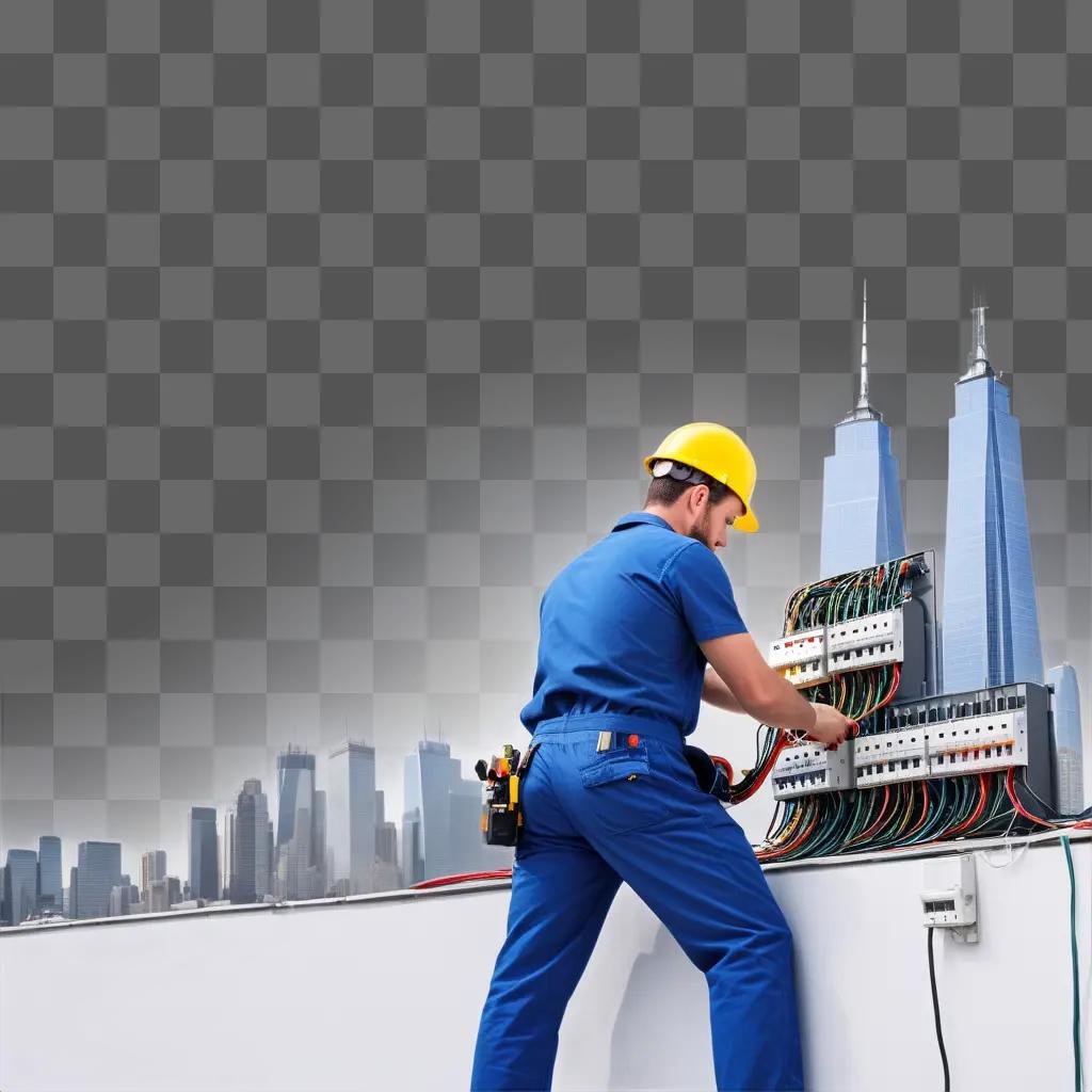 man in a hard hat works with electrical wires