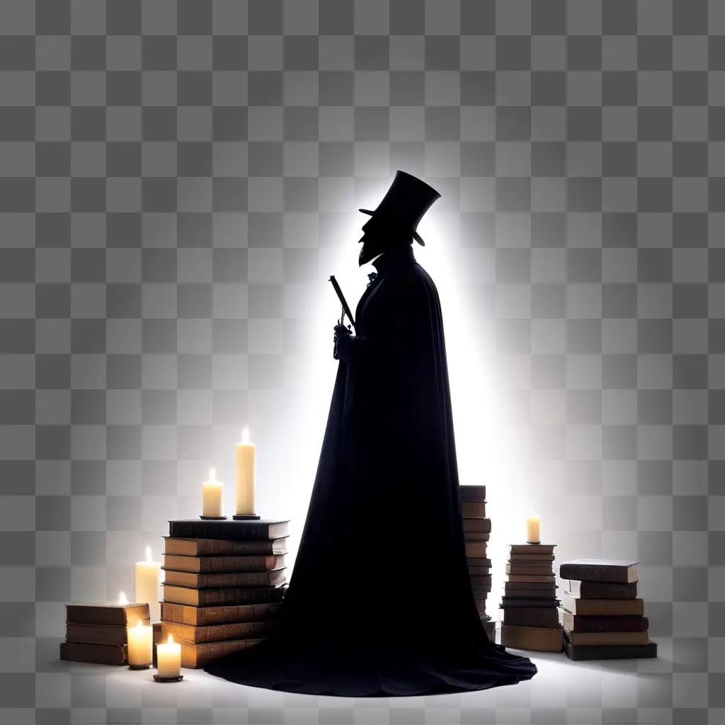 man in a hat and top hat is standing with books