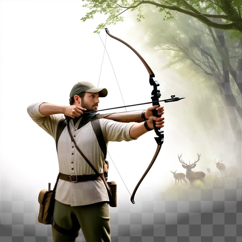 man in a hat shoots an arrow at a deer