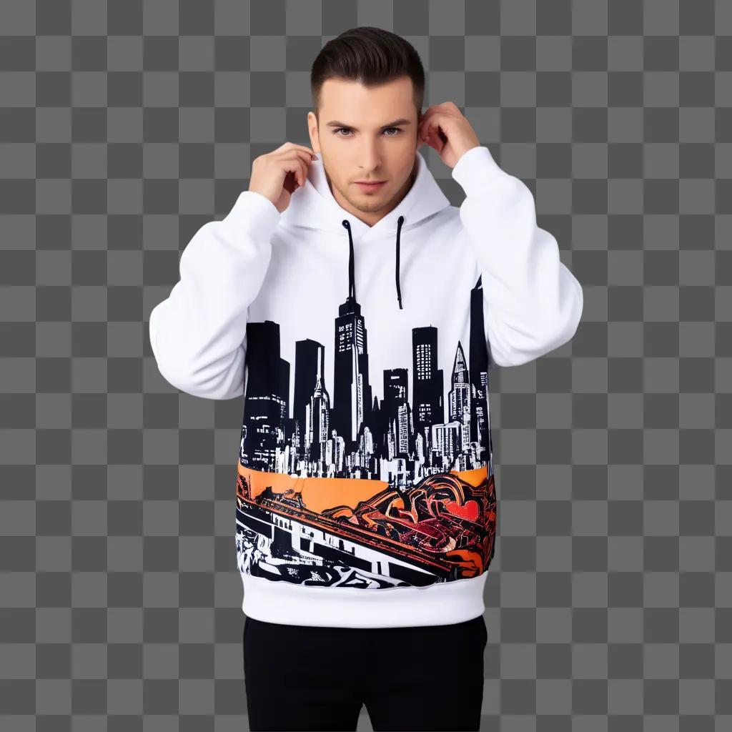 man in a hoodie with a cityscape on it