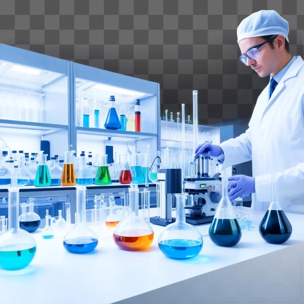 man in a lab coat conducts experiments with various chemicals