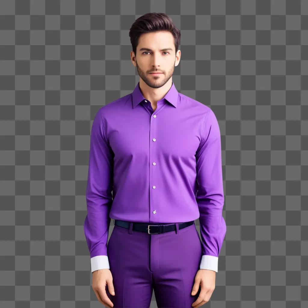 man in a purple shirt poses in a purple background