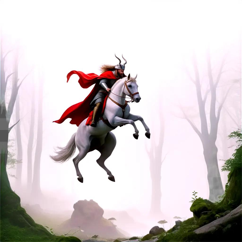 man in a red cape rides a white horse in a forest