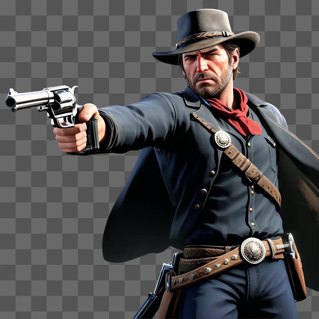 赤い帽子をかぶった男がゲーム「レッド・デッド・リデンプション2」で銃を発砲