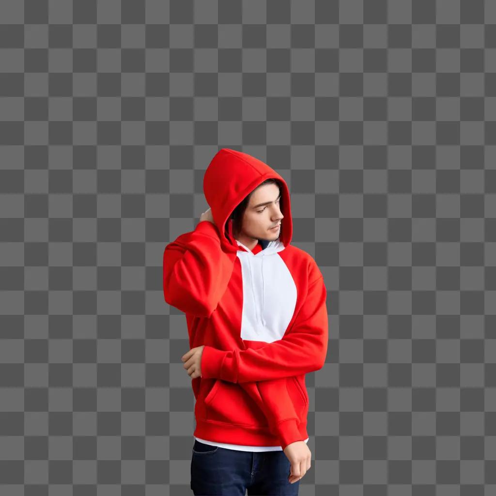 man in a red hoodie poses in front of a red background