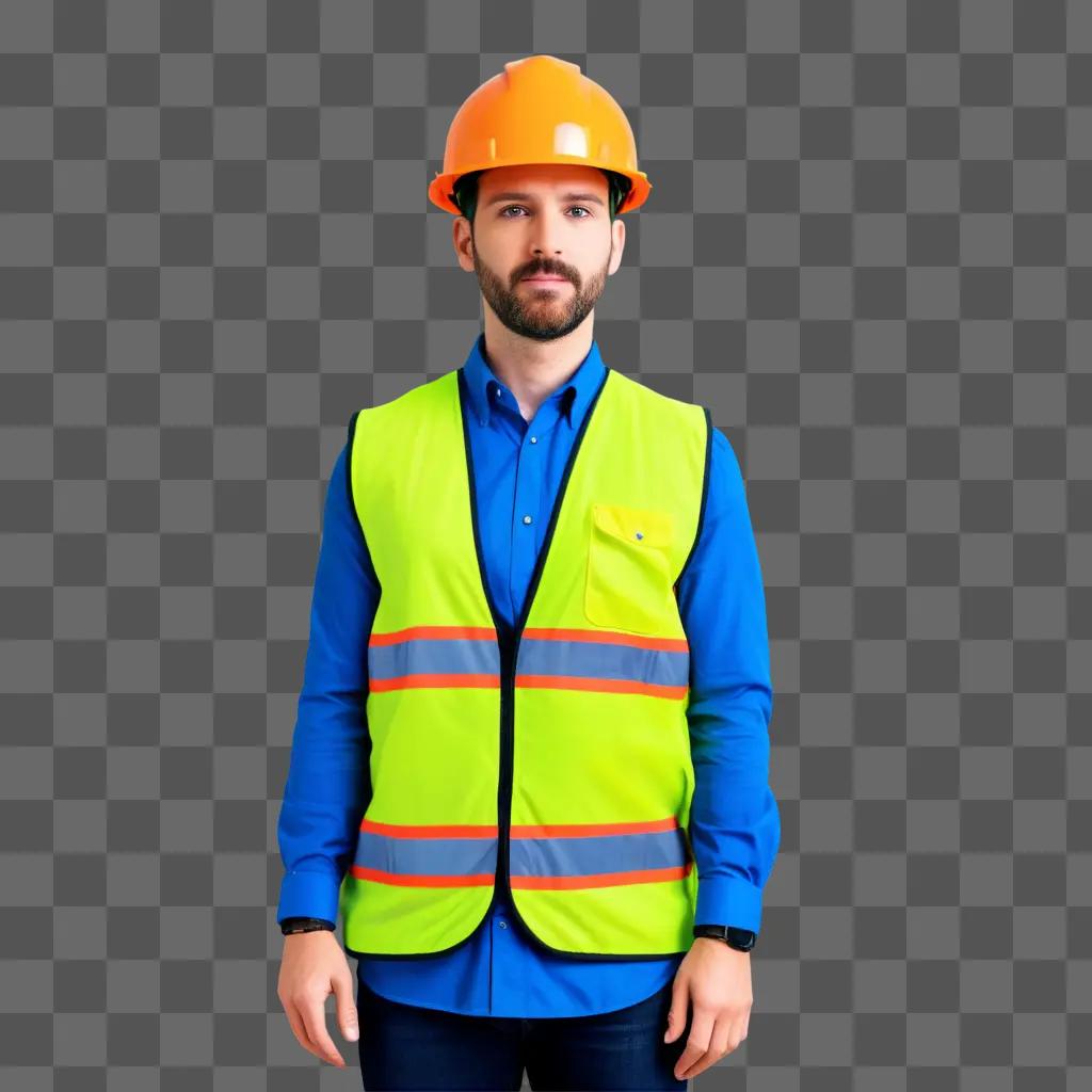 man in a safety vest stands in front of a green background