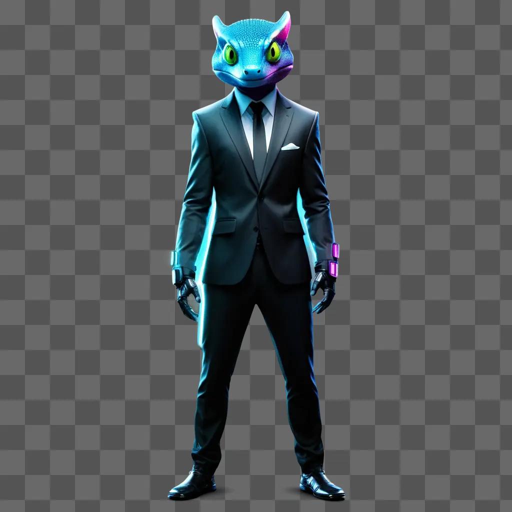 man in a suit and a gecko mask