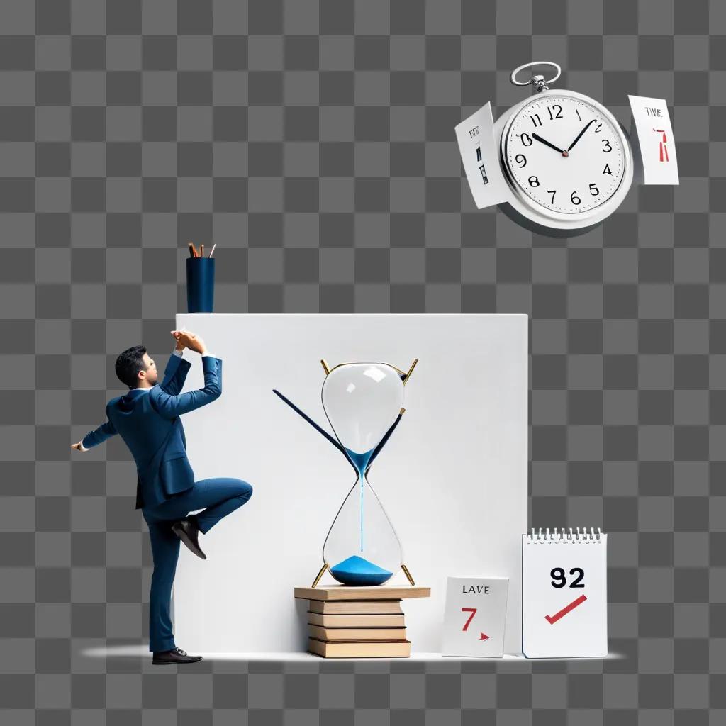 man in a suit and tie with an hourglass, a calendar, and a book