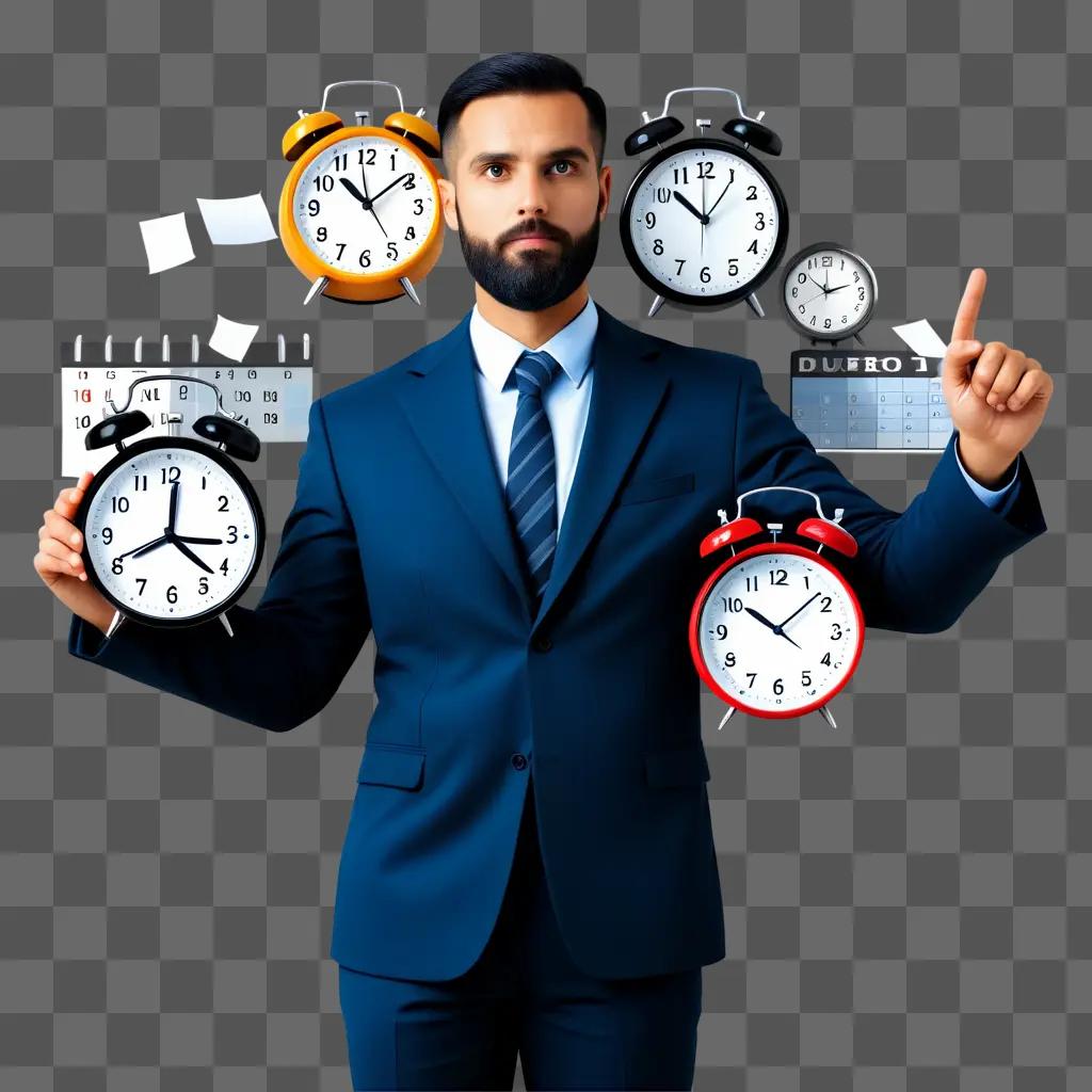 man in a suit holds several clocks to manage his time