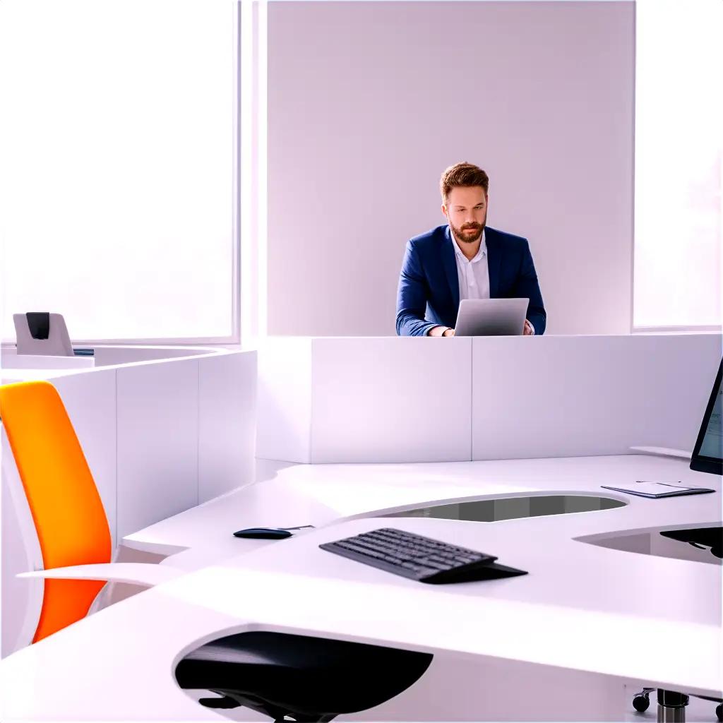 man in a suit is working in an office cubicle