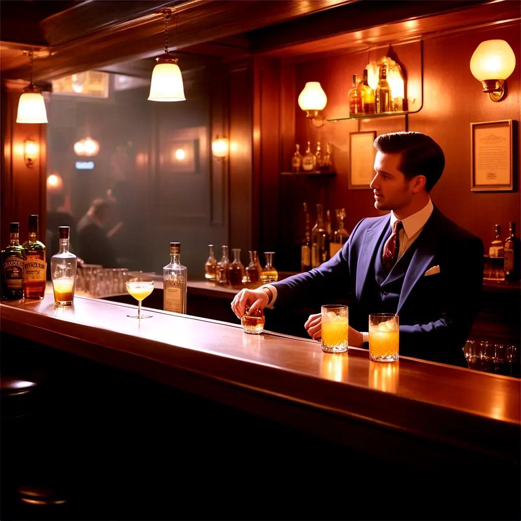 man in a suit sits at a bar with drinks