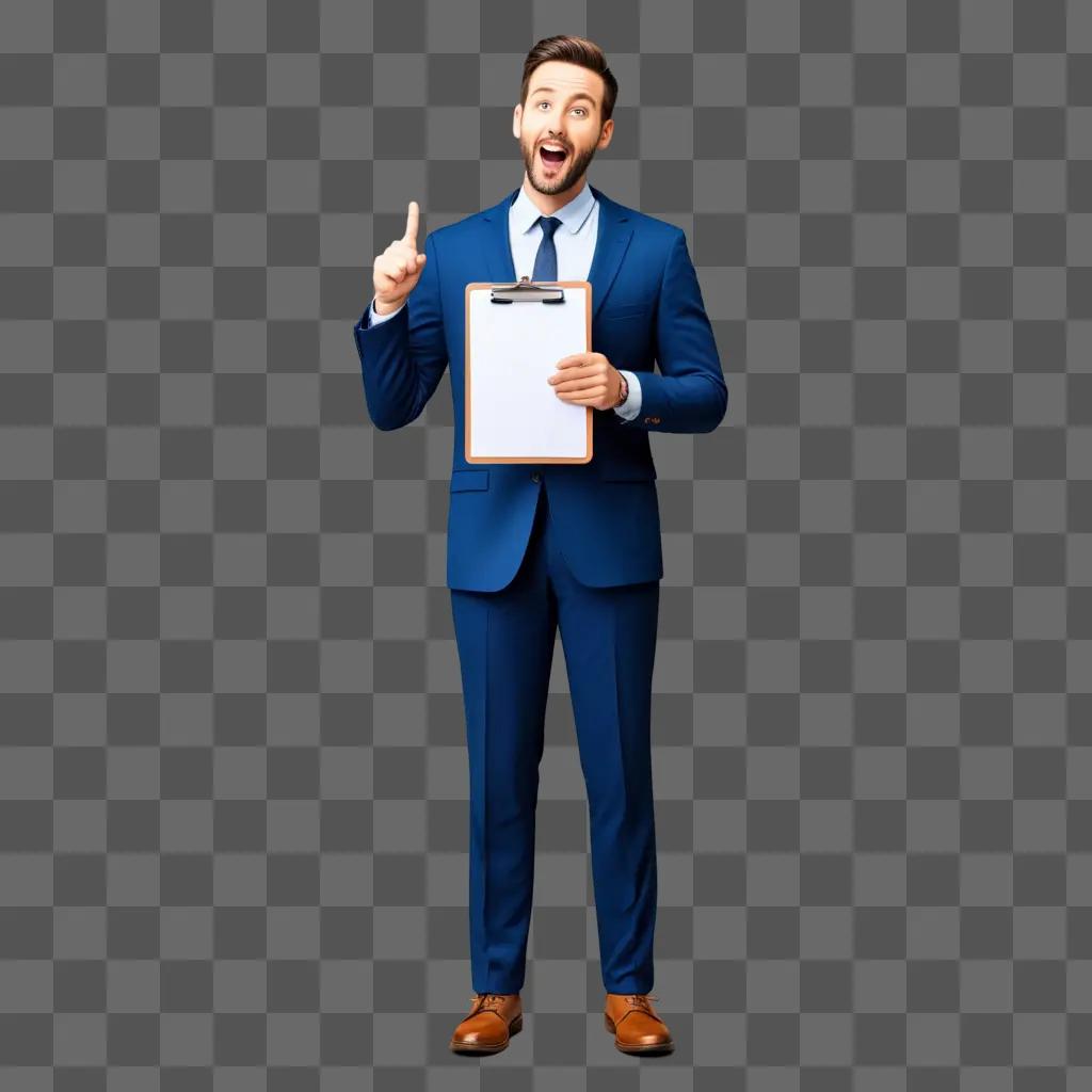 man in a suit speaks with a clipboard