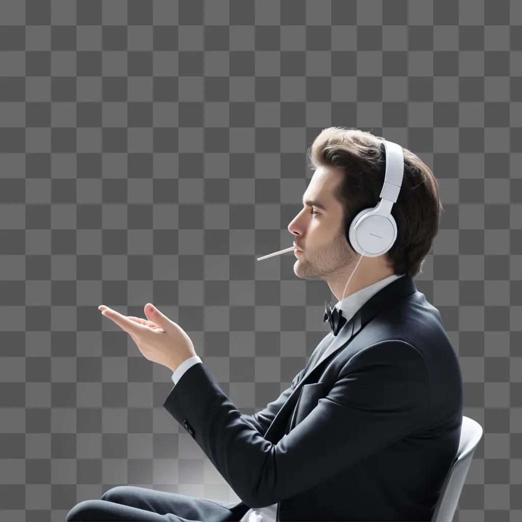 man in a suit with headphones listening to something