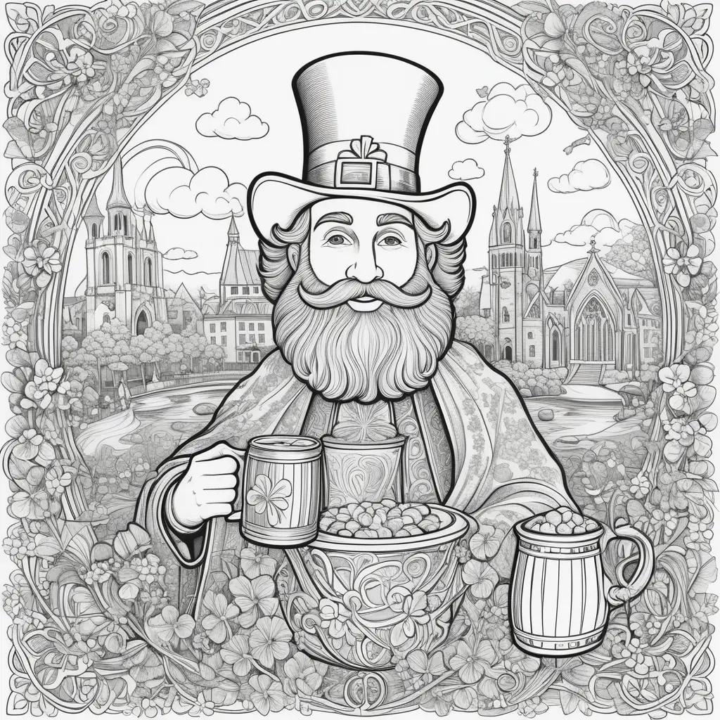 man in a top hat and beard holds a mug and a bowl of food in a color page featuring St. Patricks Day