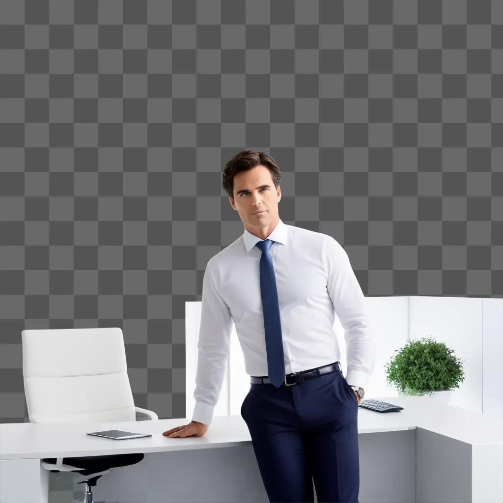 man in a white collar is leaning on a desk