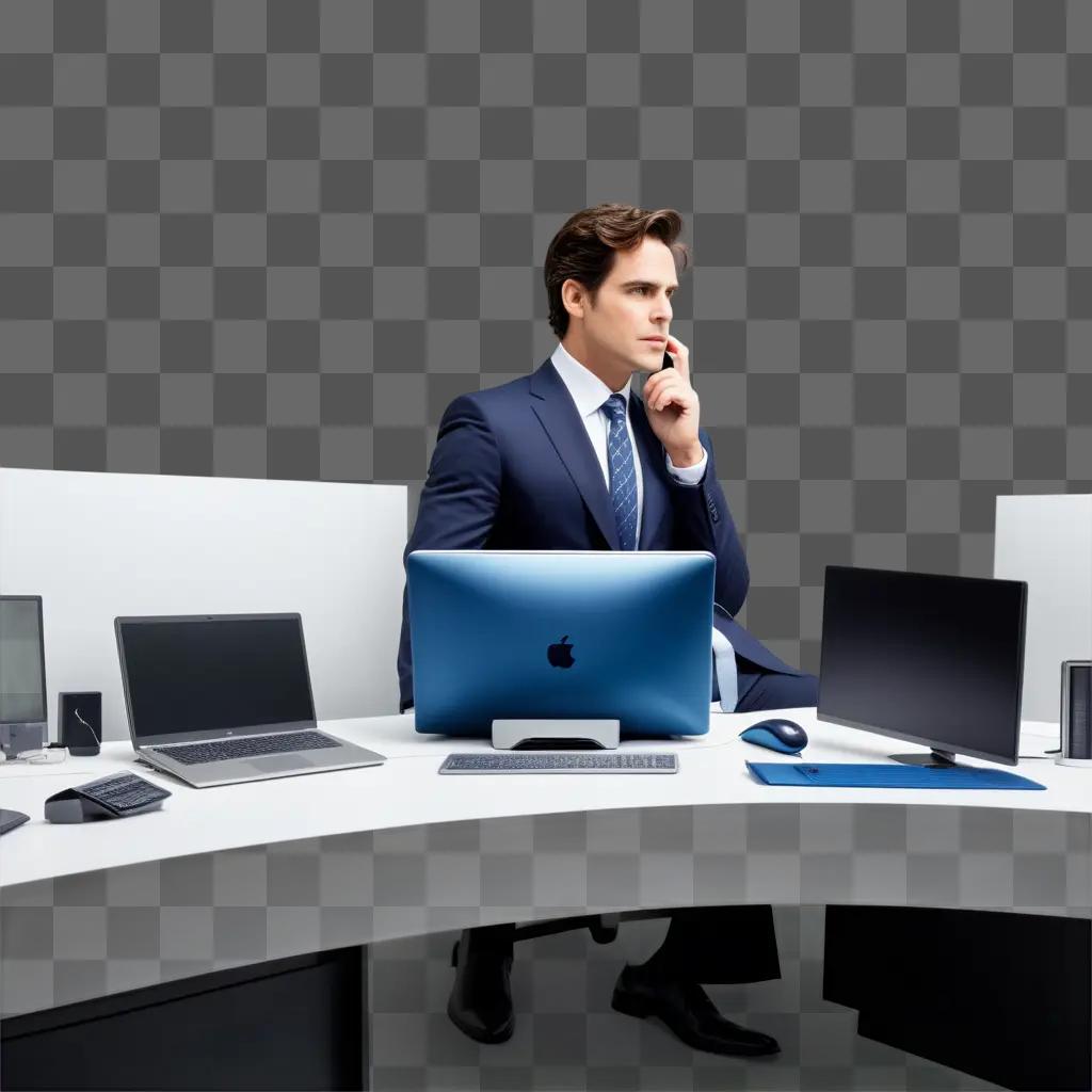 man in a white collar sits at a desk with computers