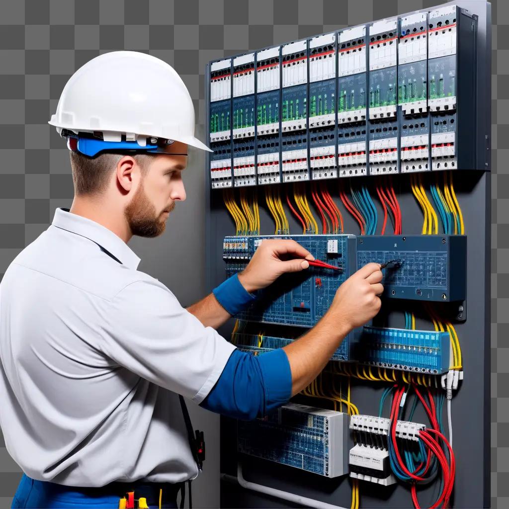 man in a white hard hat is working on electrical equipment