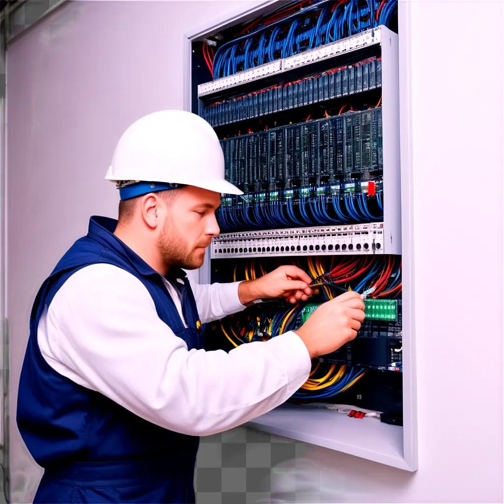 man in a white helmet works on an electrical panel