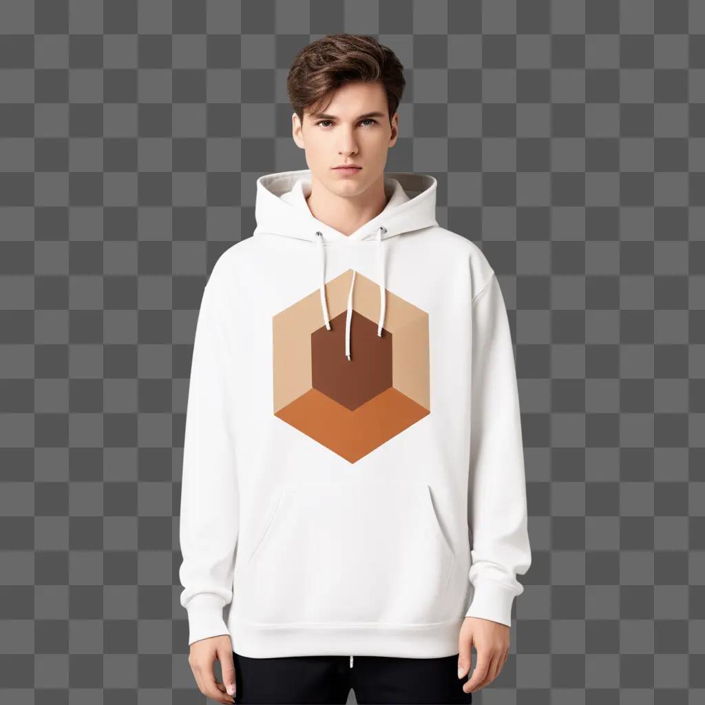 man in a white hoodie with a geometric design on the back