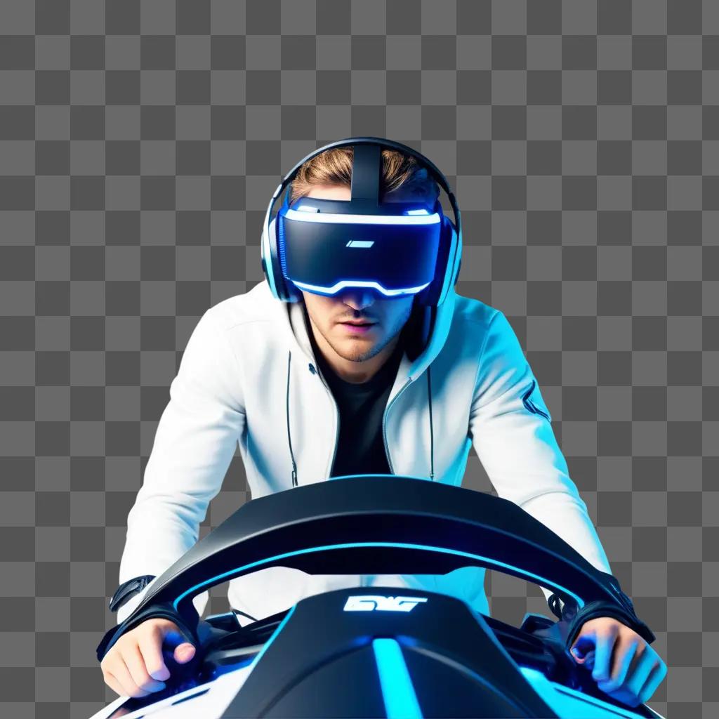 man in a white jacket and futuristic goggles plays a video game