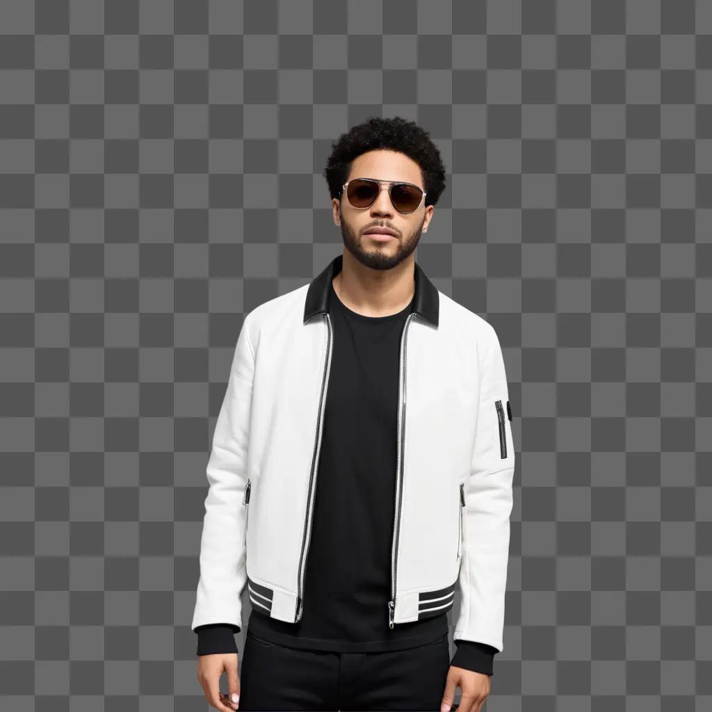 man in a white jacket with a black shirt and sunglasses