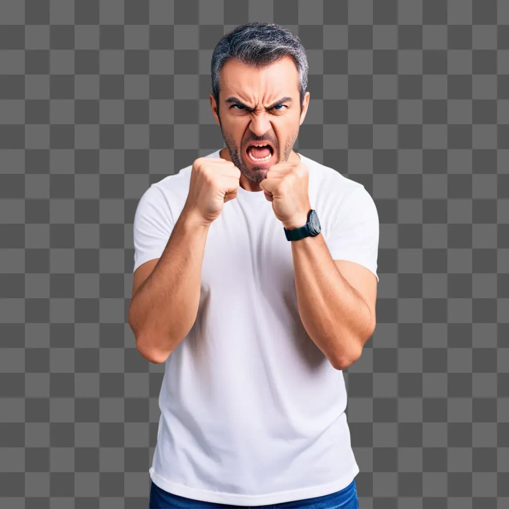 man in a white shirt is angry and fists up