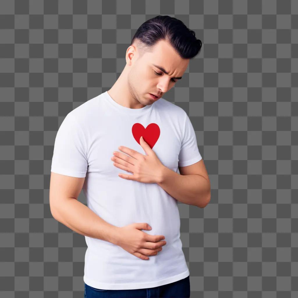 man in a white shirt with a heart on it has a painful chest