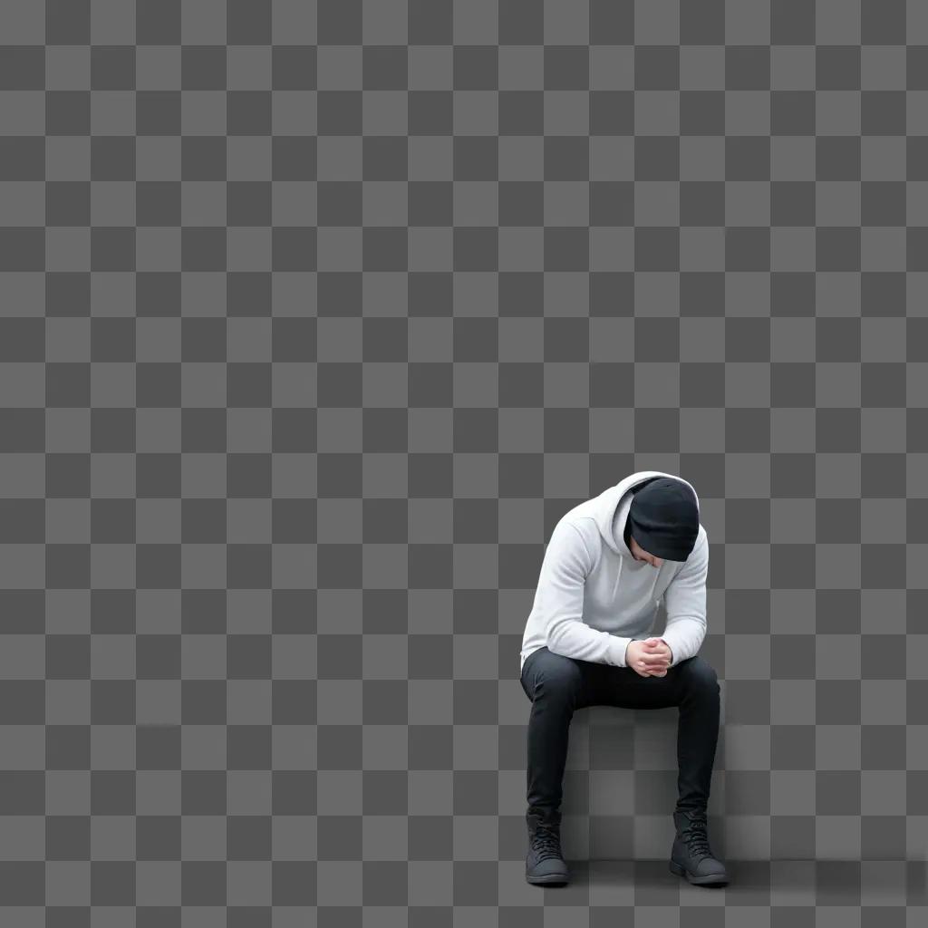 man in a white sweatshirt sits on the ground with his hands folded