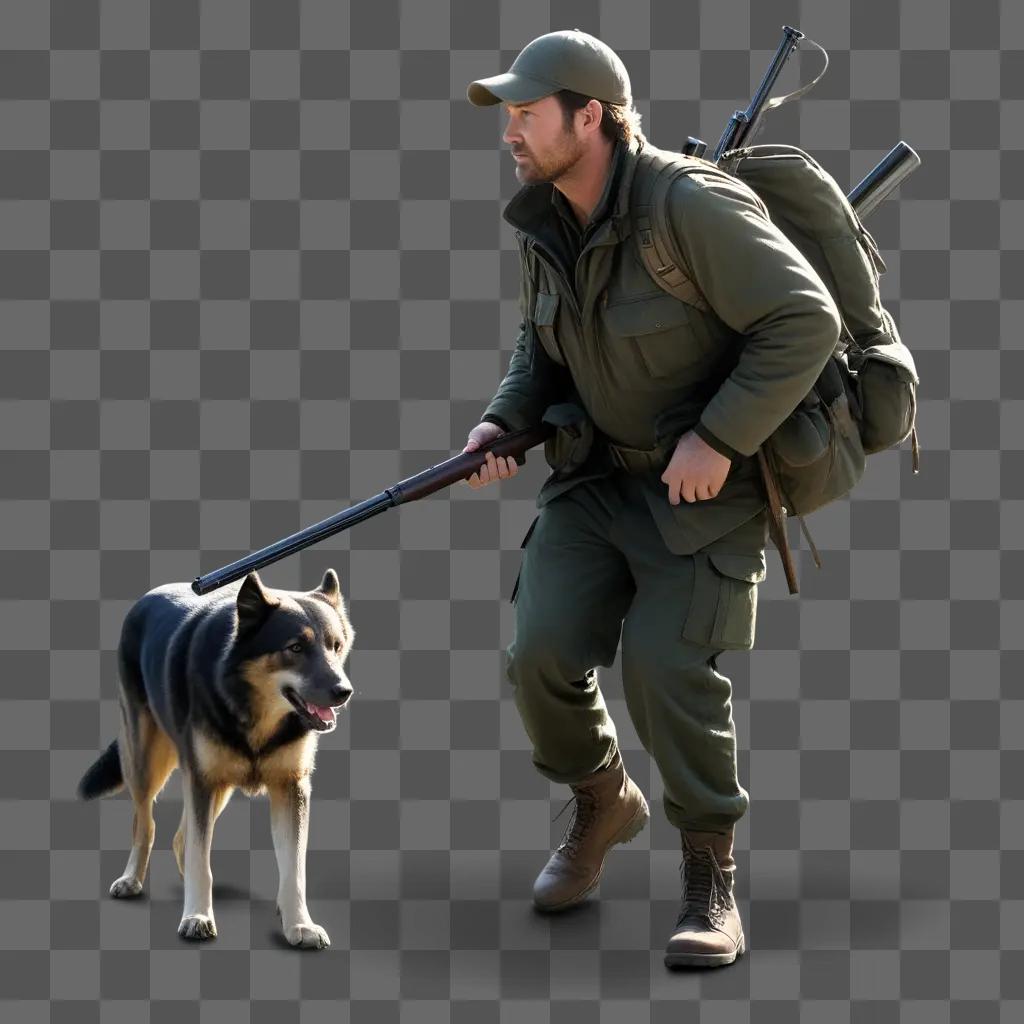 man in camo walking a dog