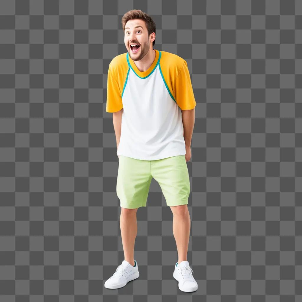 man in green shorts is making a funny face