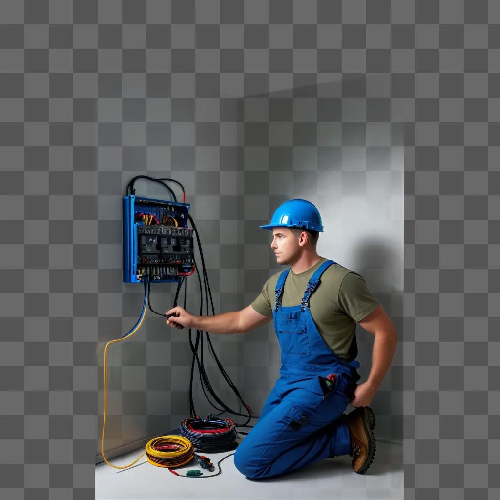 man in overalls works on electrical equipment