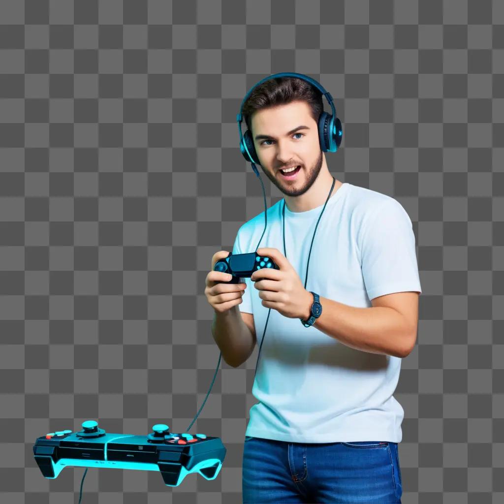 man in white shirt and headphones plays a video game