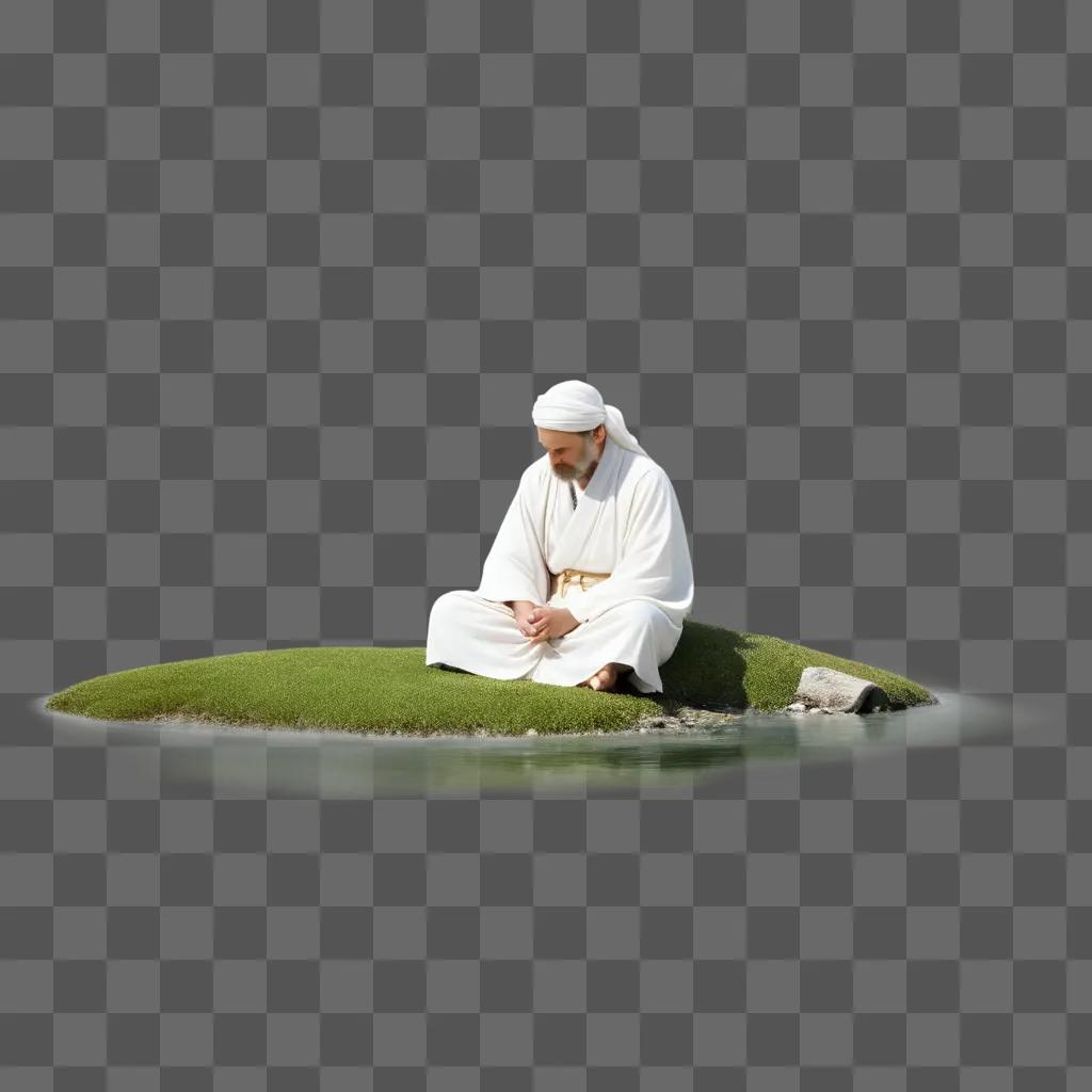 man in white sits patiently on a small island