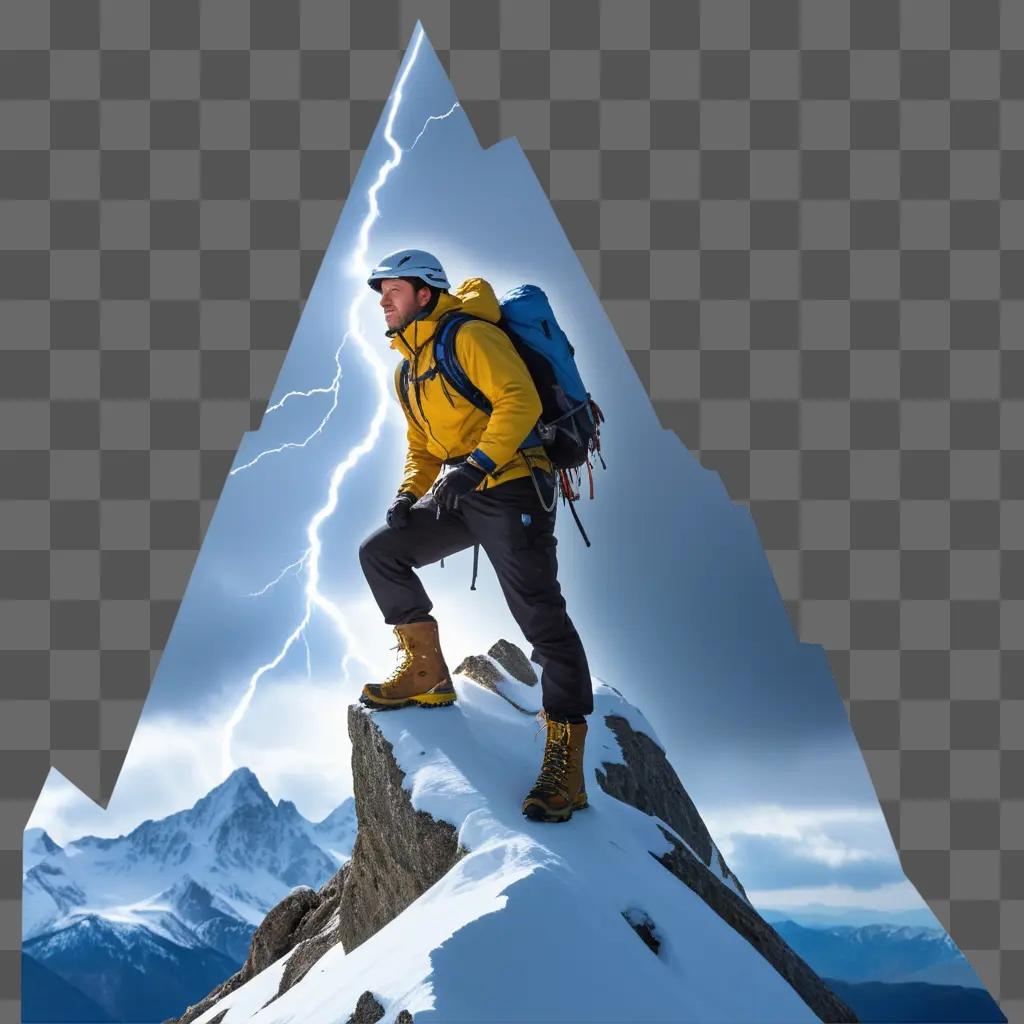 man in yellow climbs a snowy mountain