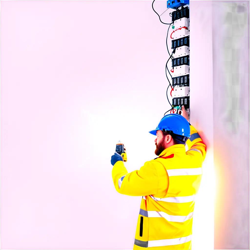 man in yellow safety jacket and blue helmet working with electrical equipment