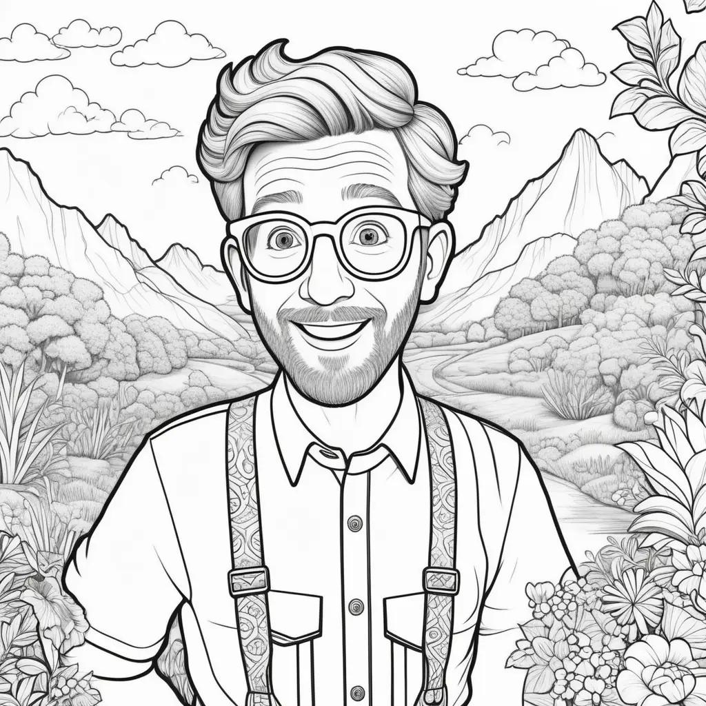 man is smiling in a black and white blippi coloring page