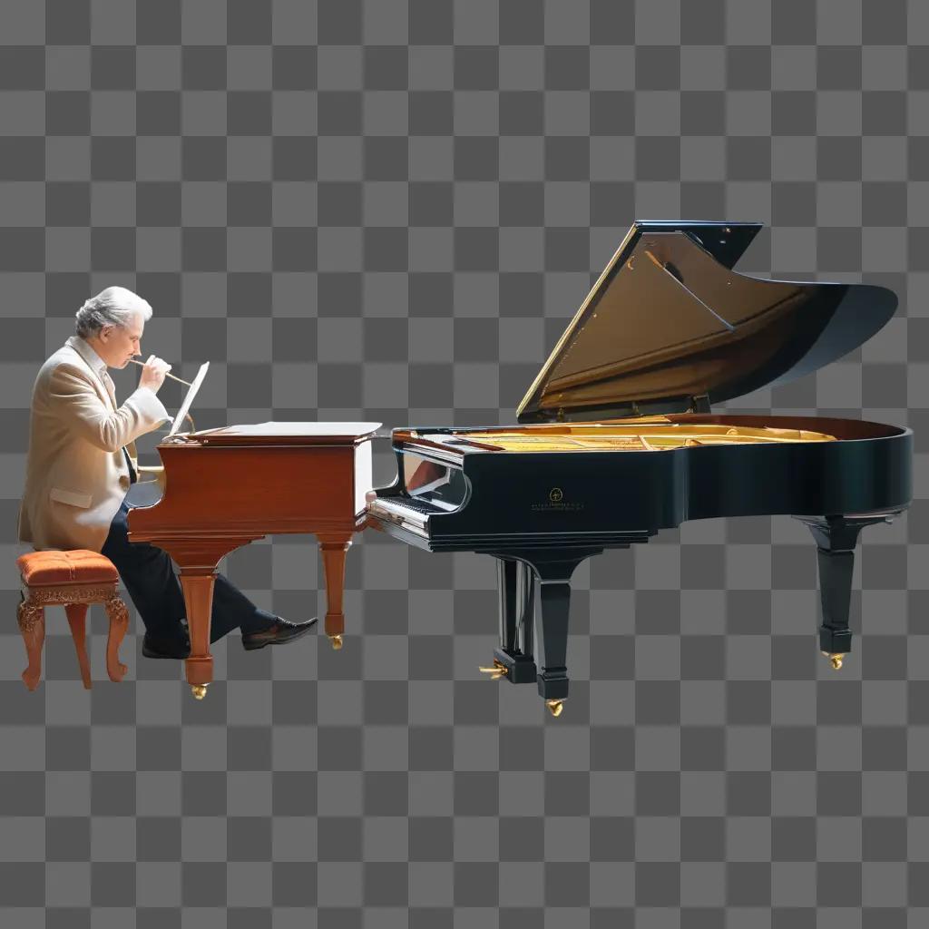 man listens to a piano as he sits on a stool