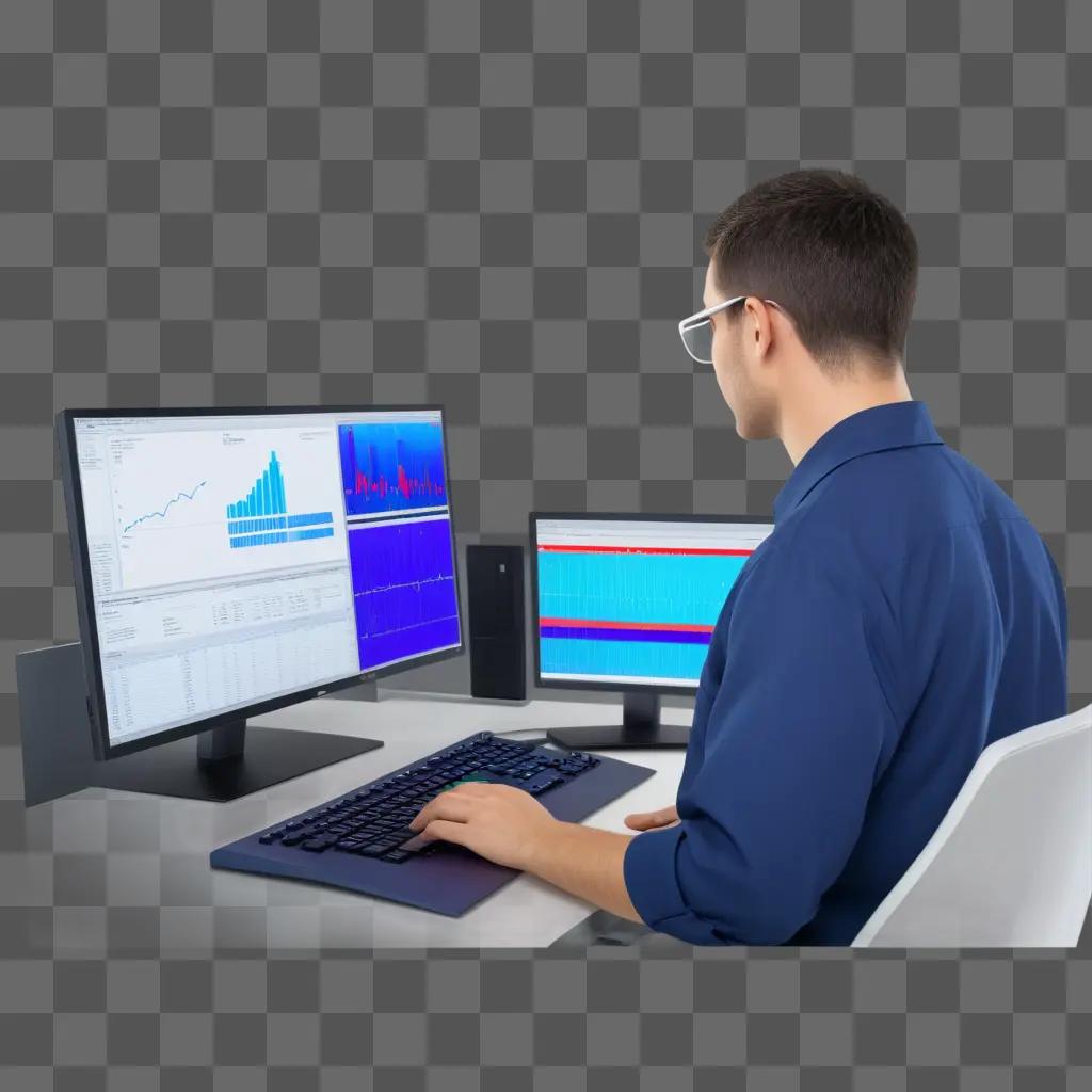 man monitors a computer monitor with a blue background